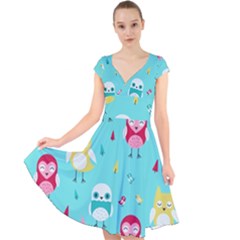 Owls Owl Bird Cute Animal Art Vector  Pattern Colorful Cap Sleeve Front Wrap Midi Dress by Salman4z