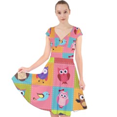 Owls Pattern Abstract Art Vector Cartoon Cap Sleeve Front Wrap Midi Dress by Salman4z