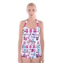 Owl Pattern Boyleg Halter Swimsuit  by Salman4z