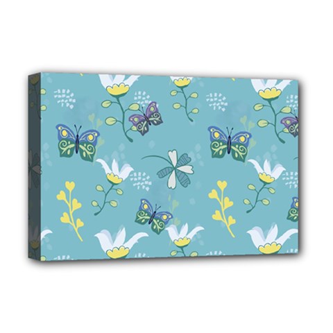 Butterflies Flowers Blue Background Spring Pattern Deluxe Canvas 18  X 12  (stretched) by Ravend