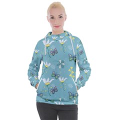 Butterflies Flowers Blue Background Spring Pattern Women s Hooded Pullover by Ravend