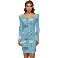 Butterflies Flowers Blue Background Spring Pattern Women Long Sleeve Ruched Stretch Jersey Dress by Ravend