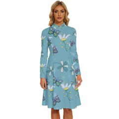 Butterflies Flowers Blue Background Spring Pattern Long Sleeve Shirt Collar A-line Dress by Ravend