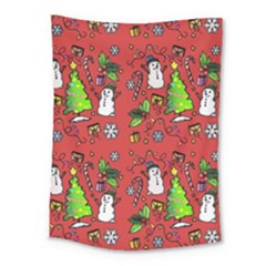 Santa Snowman Gift Holiday Christmas Cartoon Medium Tapestry by Ravend