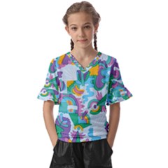 Pattern Hotdogtrap Kids  V-neck Horn Sleeve Blouse by Salman4z