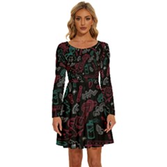 Abstract Pattern Long Sleeve Wide Neck Velvet Dress by Salman4z