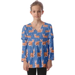 Corgi Patterns Kids  V Neck Casual Top by Salman4z