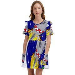 Rocket Ship Launch Vehicle Moon Kids  Frilly Sleeves Pocket Dress by Salman4z