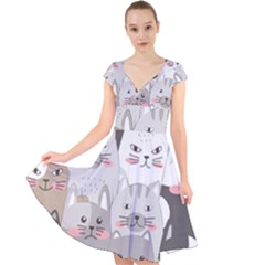 Cute Cats Seamless Pattern Cap Sleeve Front Wrap Midi Dress by Salman4z