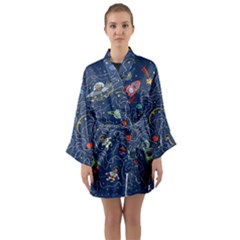 Cat Cosmos Cosmonaut Rocket Long Sleeve Satin Kimono by Salman4z