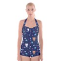 Cute Astronaut Cat With Star Galaxy Elements Seamless Pattern Boyleg Halter Swimsuit  View1