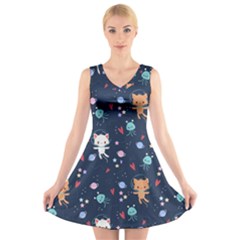 Cute Astronaut Cat With Star Galaxy Elements Seamless Pattern V-neck Sleeveless Dress by Salman4z