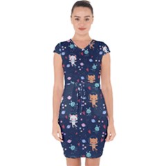 Cute Astronaut Cat With Star Galaxy Elements Seamless Pattern Capsleeve Drawstring Dress  by Salman4z