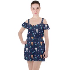 Cute Astronaut Cat With Star Galaxy Elements Seamless Pattern Ruffle Cut Out Chiffon Playsuit by Salman4z