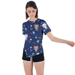 Cute Astronaut Cat With Star Galaxy Elements Seamless Pattern Asymmetrical Short Sleeve Sports Tee by Salman4z