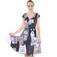 Cute Cat Hand Drawn Cartoon Style Cap Sleeve Front Wrap Midi Dress by Salman4z