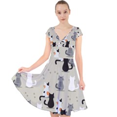 Cute Cat Seamless Pattern Cap Sleeve Front Wrap Midi Dress by Salman4z