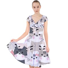 Cute Cat Couple Seamless Pattern Cartoon Cap Sleeve Front Wrap Midi Dress by Salman4z