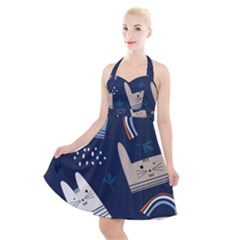 Colorful Cute Cat Seamless Pattern Halter Party Swing Dress  by Salman4z