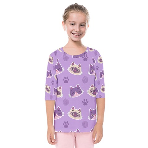 Cute Colorful Cat Kitten With Paw Yarn Ball Seamless Pattern Kids  Quarter Sleeve Raglan Tee by Salman4z