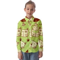 Cute Hand Drawn Cat Seamless Pattern Kids  Long Sleeve Shirt by Salman4z