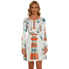 Nautical Elements Pattern Background Long Sleeve Wide Neck Velvet Dress by Salman4z