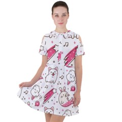 Cute Animal Seamless Pattern Kawaii Doodle Style Short Sleeve Shoulder Cut Out Dress  by Salman4z