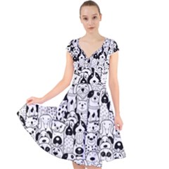 Seamless-pattern-with-black-white-doodle-dogs Cap Sleeve Front Wrap Midi Dress by Salman4z