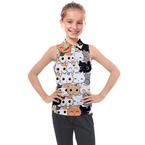 Cute-cat-kitten-cartoon-doodle-seamless-pattern Kids  Sleeveless Polo Tee by Salman4z