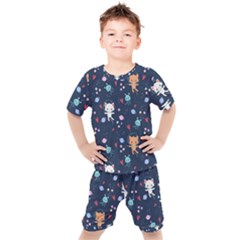 Cute-astronaut-cat-with-star-galaxy-elements-seamless-pattern Kids  Tee And Shorts Set by Salman4z