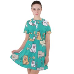 Seamless-pattern-cute-cat-cartoon-with-hand-drawn-style Short Sleeve Shoulder Cut Out Dress  by Salman4z