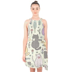 Funny Cartoon Cats Seamless Pattern Halter Collar Waist Tie Chiffon Dress by Salman4z