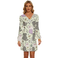 Funny Cartoon Cats Seamless Pattern Long Sleeve Waist Tie Ruffle Velvet Dress by Salman4z