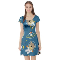 Seamless-pattern-funny-astronaut-outer-space-transportation Short Sleeve Skater Dress by Salman4z