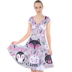 Big-set-with-cute-cartoon-animals-bear-panda-bunny-penguin-cat-fox Cap Sleeve Front Wrap Midi Dress by Salman4z