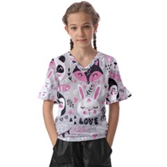 Big-set-with-cute-cartoon-animals-bear-panda-bunny-penguin-cat-fox Kids  V-neck Horn Sleeve Blouse by Salman4z