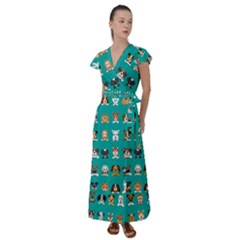 Different-type-vector-cartoon-dog-faces Flutter Sleeve Maxi Dress by Salman4z