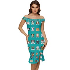 Different-type-vector-cartoon-dog-faces Off Shoulder Ruffle Split Hem Bodycon Dress by Salman4z