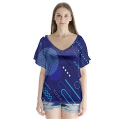 Classic-blue-background-abstract-style V-neck Flutter Sleeve Top by Salman4z