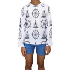 Marine Nautical Seamless Pattern With Vintage Lighthouse Wheel Kids  Long Sleeve Swimwear by Salman4z