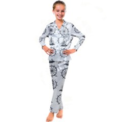 Marine Nautical Seamless Pattern With Vintage Lighthouse Wheel Kids  Satin Long Sleeve Pajamas Set by Salman4z