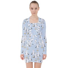 Cute-seagulls-seamless-pattern-light-blue-background V-neck Bodycon Long Sleeve Dress by Salman4z