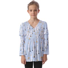 Cute-seagulls-seamless-pattern-light-blue-background Kids  V Neck Casual Top by Salman4z