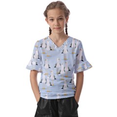 Cute-seagulls-seamless-pattern-light-blue-background Kids  V-neck Horn Sleeve Blouse by Salman4z