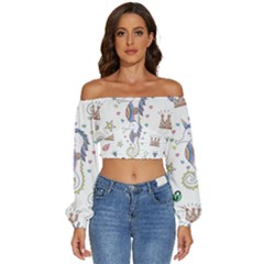 Seamless-pattern-cute-unicorn-cartoon-hand-drawn Long Sleeve Crinkled Weave Crop Top by Salman4z