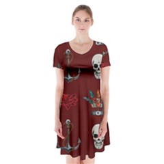 Tattoo-old-school-background-pattern Short Sleeve V-neck Flare Dress by Salman4z