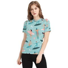 Beach-surfing-surfers-with-surfboards-surfer-rides-wave-summer-outdoors-surfboards-seamless-pattern- Women s Short Sleeve Rash Guard by Salman4z