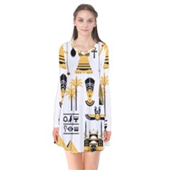 Egypt-symbols-decorative-icons-set Long Sleeve V-neck Flare Dress by Salman4z