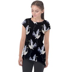 Crane Pattern Cap Sleeve High Low Top by Salman4z