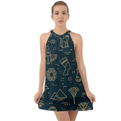 Dark-seamless-pattern-symbols-landmarks-signs-egypt -- Halter Tie Back Chiffon Dress by Salman4z